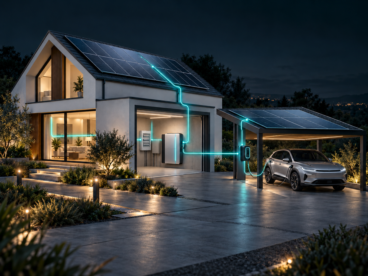 Illustration d’une maison et d’un carport solaires alimentant une batterie, un tableau électrique et une voiture en recharge
