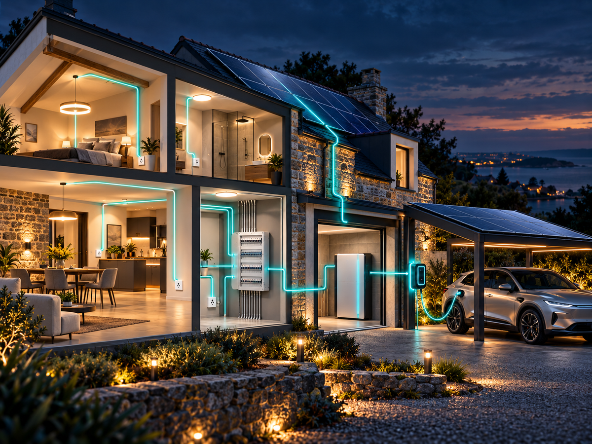 Illustration d’une maison et d’un carport solaires alimentant une batterie, un tableau électrique et une voiture en recharge